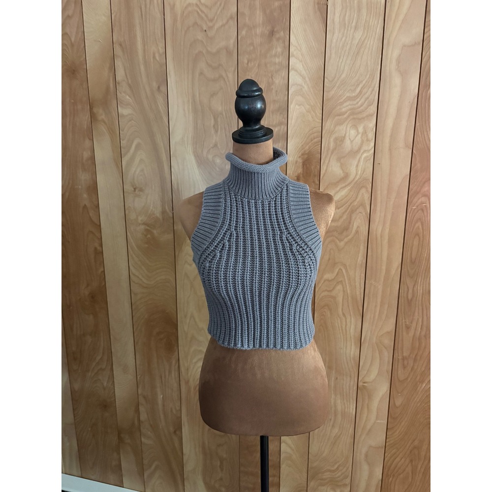 Silence‎ + Noise Womens XS Blue Gray Ribbed Knit Cropped Turtleneck Sweater Vest